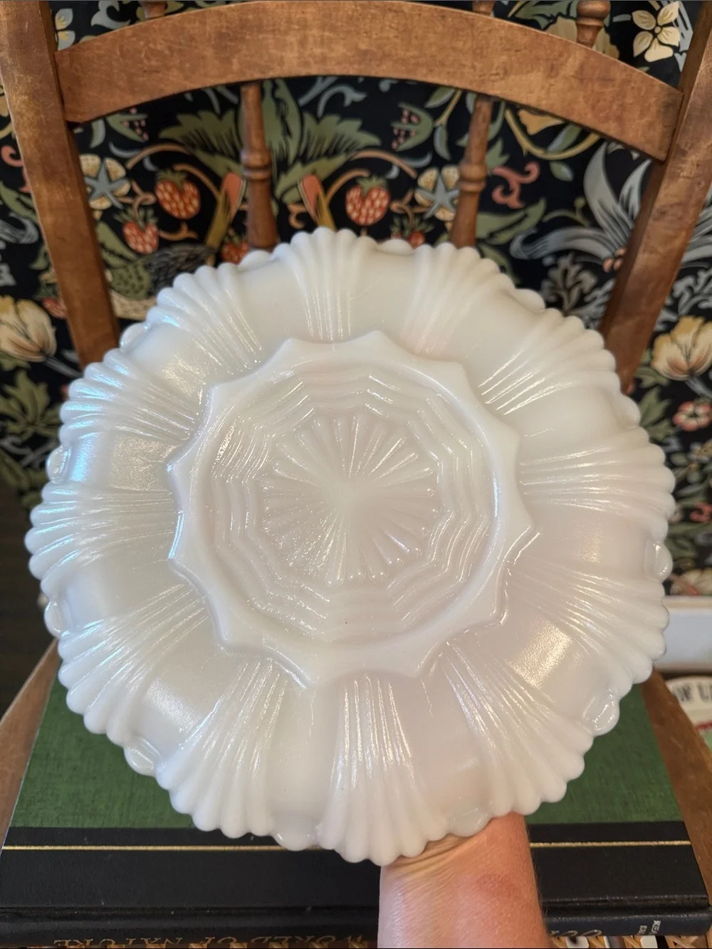 Anchor Hocking Milk Glass Divided Relish Dish 22k Gold Trim Scalloped Edge
